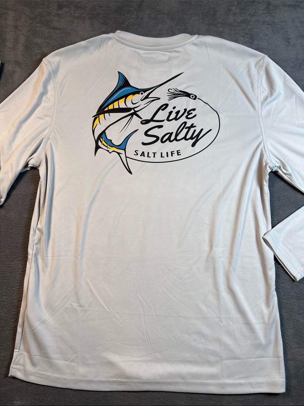 Salt Life White Long Sleeve Tee with Blue and Yellow Marlin Graphic